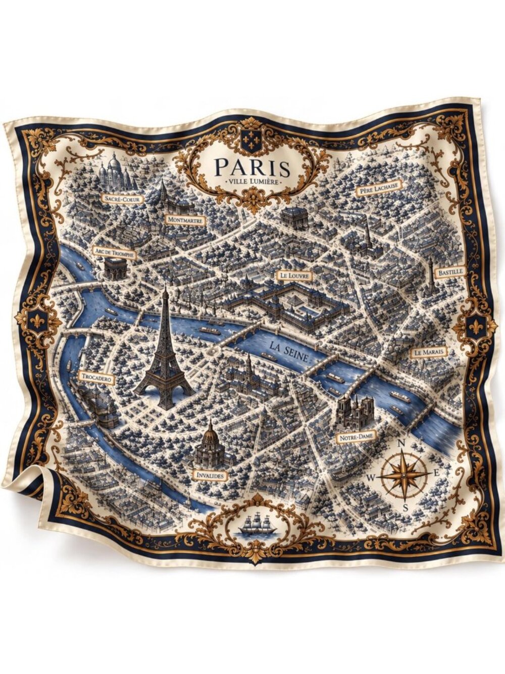 Luxury 100% Mulberry Silk Twill Square Scarf for Women, Paris Map Print, 35" x